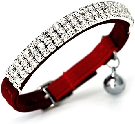 CHUKCHI Soft Velvet Safe Cat Adjustable Collar Bling Diamante with Bells,11 inch for Small Dogs and Cats (Red)
