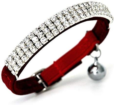 CHUKCHI Soft Velvet Safe Cat Adjustable Collar Bling Diamante with Bells,2 Pcs Black+Red
