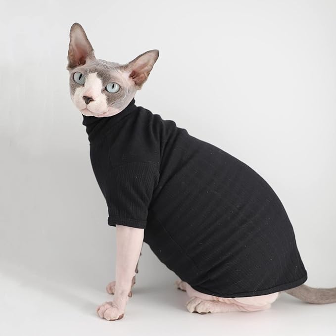Sphynx Hairless Cats Shirt Cotton Cat Turtleneck Sweater Pullover Kitten T-Shirts with Sleeves Cat Pajamas Jumpsuit for Sphynx Cornish Rex, Devon Rex, Peterbald (XX-Large (Pack of 1), Black)