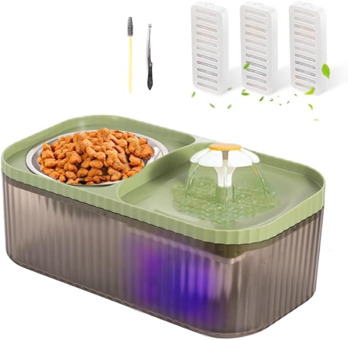Marchul Cat Water Fountain and Stainless Steel Food Bowl, 100oz/3L Super Quiet Automatic Pet Water Dispenser with Smart Pump and 3 Replacement Filters for Cats and Small Dogs, Green