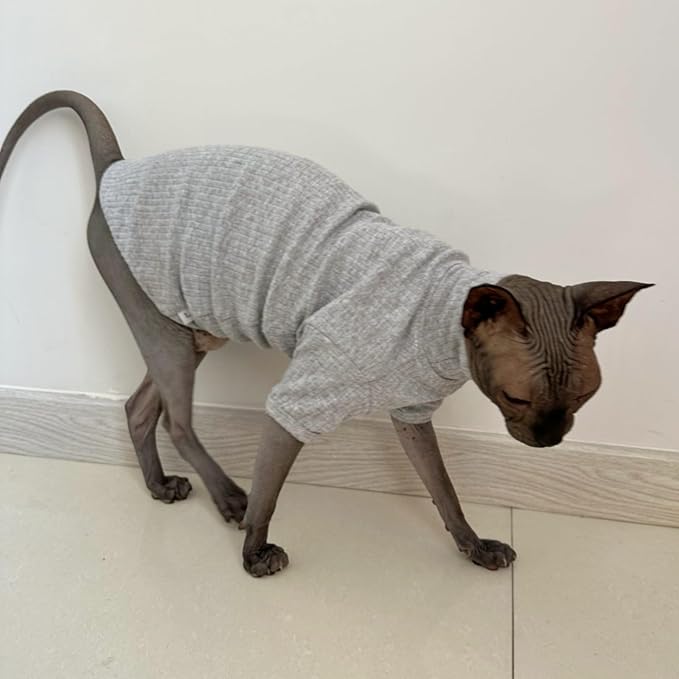 Sphynx Hairless Cats Shirt Cotton Cat Turtleneck Sweater Pullover Kitten T-Shirts with Sleeves Cat Pajamas Jumpsuit for Sphynx Cornish Rex, Devon Rex, Peterbald (Small (Pack of 1), Light Grey)