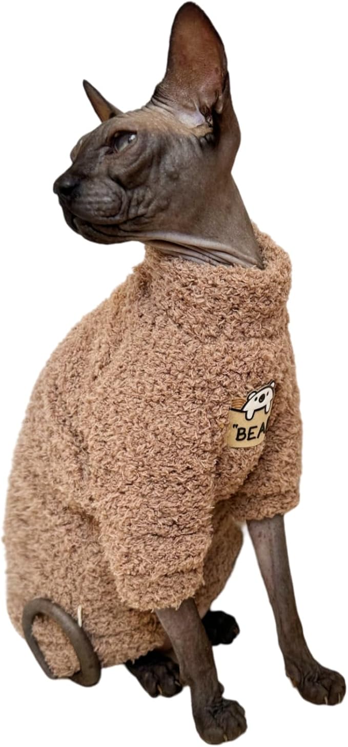 Sphynx Cat Clothes Hairless Cat Super Soft Warm Fleece T Shirt Elastic Winter Sweater Outfit, Pet Clothes for Sphynx Cat Coat for Cats and Small Dogs Apparel (Brown, Large)