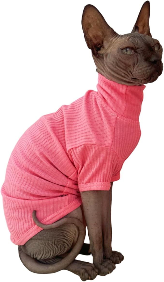 Sphynx Hairless Cats Shirt Cotton Cat Turtleneck Sweater Pullover Kitten T-Shirts with Sleeves Cat Pajamas Jumpsuit for Sphynx (Small (Pack of 1), Rosey Pink)