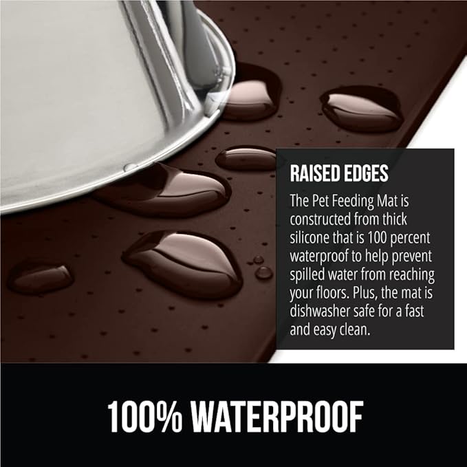 GORILLA GRIP 100% Waterproof Raised Edge BPA Free Silicone Pet Feeding Mat, Dog Cat Food Mats Contain Spills Protects Floors, Placemats for Cats and Dogs Water Bowl, Pets Accessories 16x10, Brown