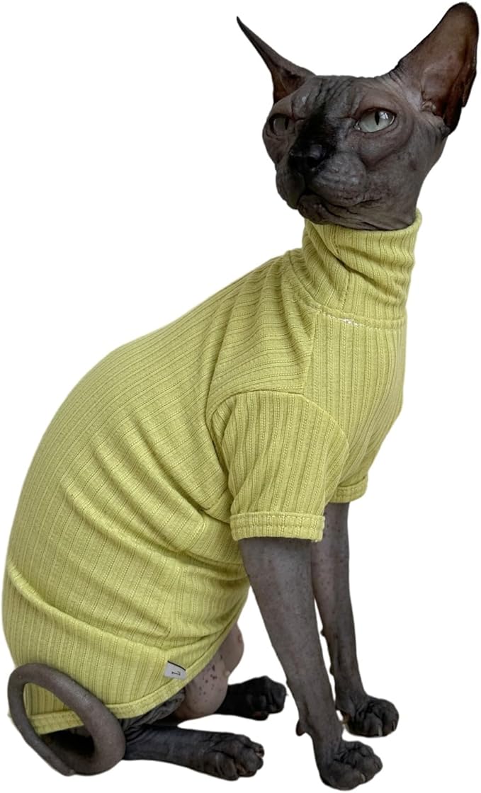 Sphynx Cats Shirt Cat Turtleneck Cotton Sweater Pullover Kitten T-Shirts with Sleeves Cat Pajamas Jumpsuit for Sphynx Cornish Rex, Devon Rex, Peterbald (X-Large (Pack of 1), Green Yellow)