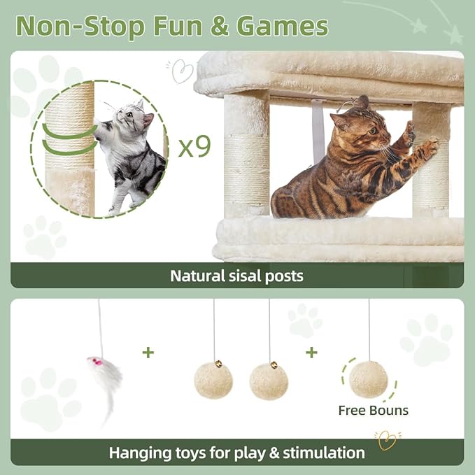 Taoqimiao 71 Inches Cat Tree for Large Cats 20lbs+, 3 Giant Perches, Multi-Level Cat Tree Tower, Widened Cat Condo with 9 Scratching Posts, Luxurious Hammcock & Basket, Beige, MS034M
