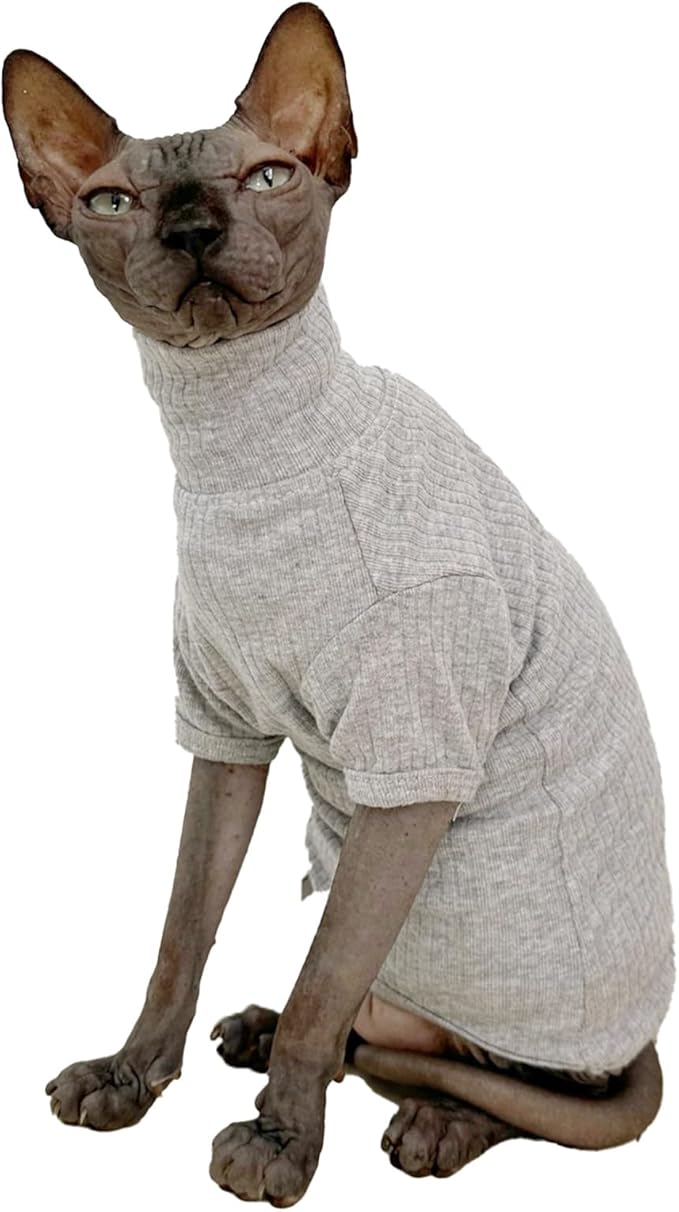 Sphynx Hairless Cats Shirt Cotton Cat Turtleneck Sweater Pullover Kitten T-Shirts with Sleeves Cat Pajamas Jumpsuit for Sphynx Cornish Rex, Devon Rex, Peterbald (X-Large (Pack of 1), Light Grey)
