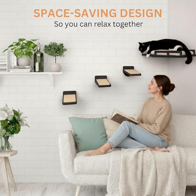 INICIO Cat Wall Shelves - Safe and Sturdy Cat Wall Furniture - Stylish Natural Wood Corner Shelf with 3 Steps for Cats up to 15lbs - Cushioned Perch and Stairs for Climbing and Playing - Black