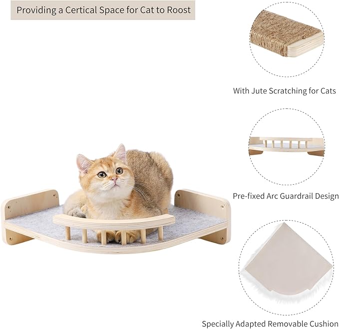 Cat Wall Shelves - 3 Steps Scratch Post & Hammock Bed with Plush Cover, Climbing Shelf for Indoor Cats (Wood)