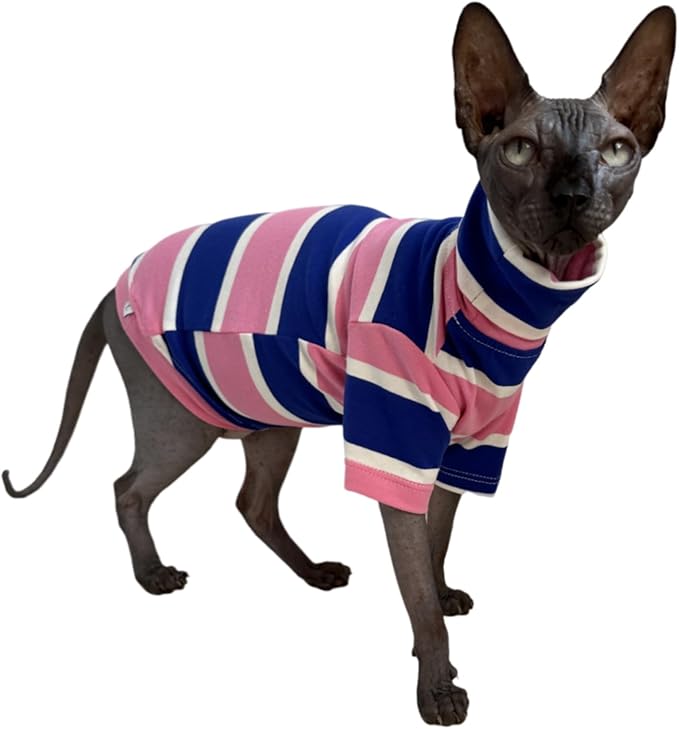 Vintage Stripes Sphynx Hairless Cats Shirt Cotton Cat Turtleneck Pet Clothes Kitten T-Shirts with Sleeves for Sphynx Cats (Wide Pink Blue Stripe, Medium)
