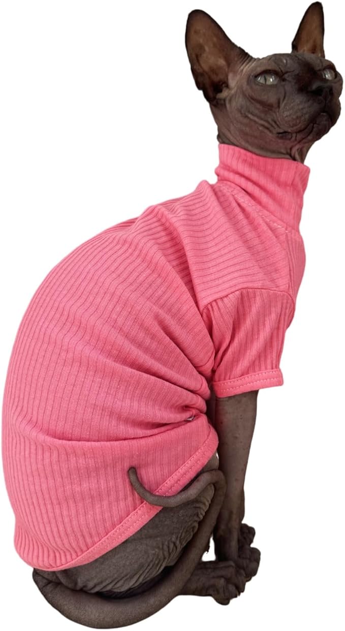 Sphynx Hairless Cats Shirt Cotton Cat Turtleneck Sweater Pullover Kitten T-Shirts with Sleeves Cat Pajamas Jumpsuit for Sphynx (Medium (Pack of 1), Rosey Pink)