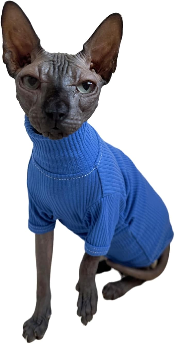 Sphynx Cats Shirt Cat Turtleneck Cotton Sweater Pullover Kitten T-Shirts with Sleeves Cat Pajamas Jumpsuit for Sphynx Cornish Rex, Devon Rex, Peterbald (Small, Deep Blue)