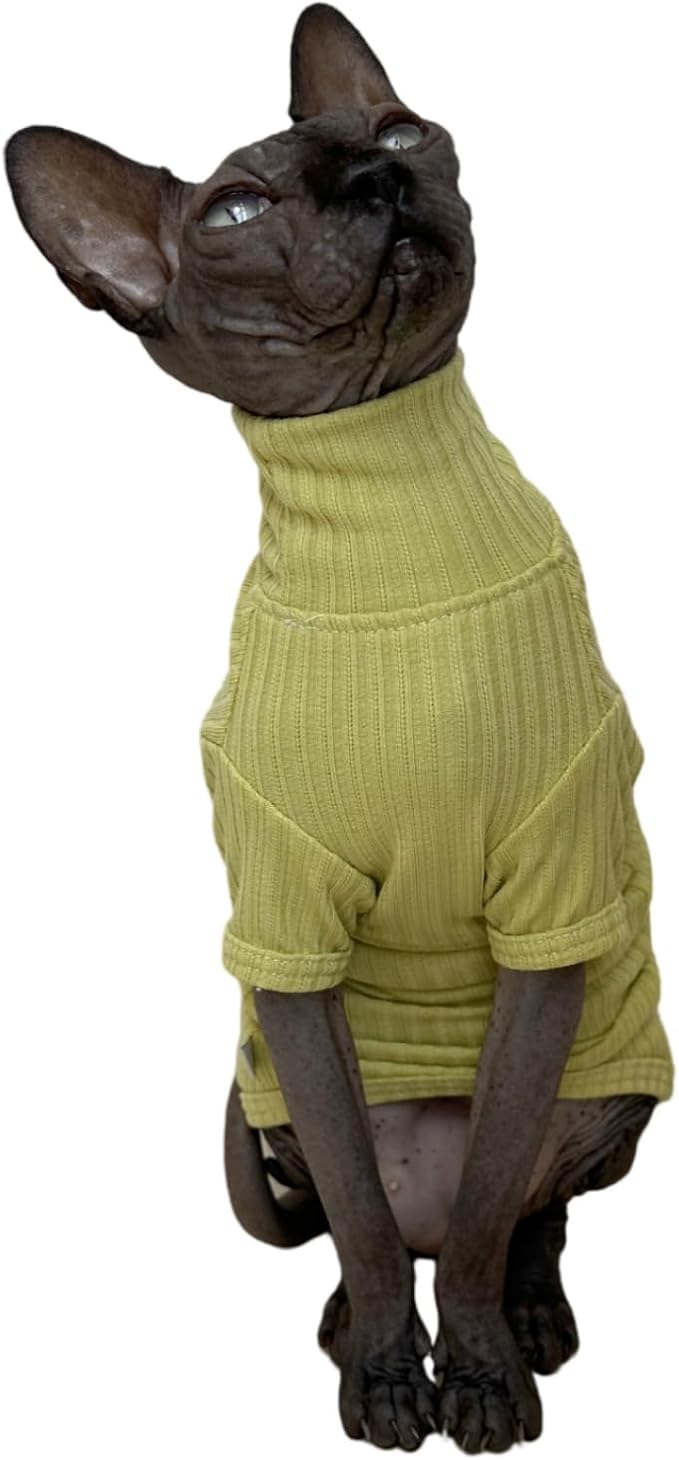 Sphynx Cats Shirt Cat Turtleneck Cotton Sweater Pullover Kitten T-Shirts with Sleeves Cat Pajamas Jumpsuit for Sphynx Cornish Rex, Devon Rex, Peterbald (X-Large (Pack of 1), Green Yellow)