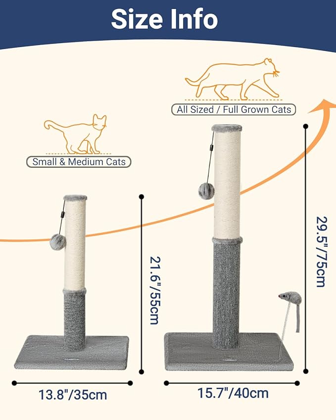 Happi N Pets Cat Scratching Post, Cat Scratcher for Indoor Cats, Sisal Scratching Post & Carpet Post in One, Stable Kitten Scratching Post with Replaceable Toy, Extra Free Toy, Light Gray