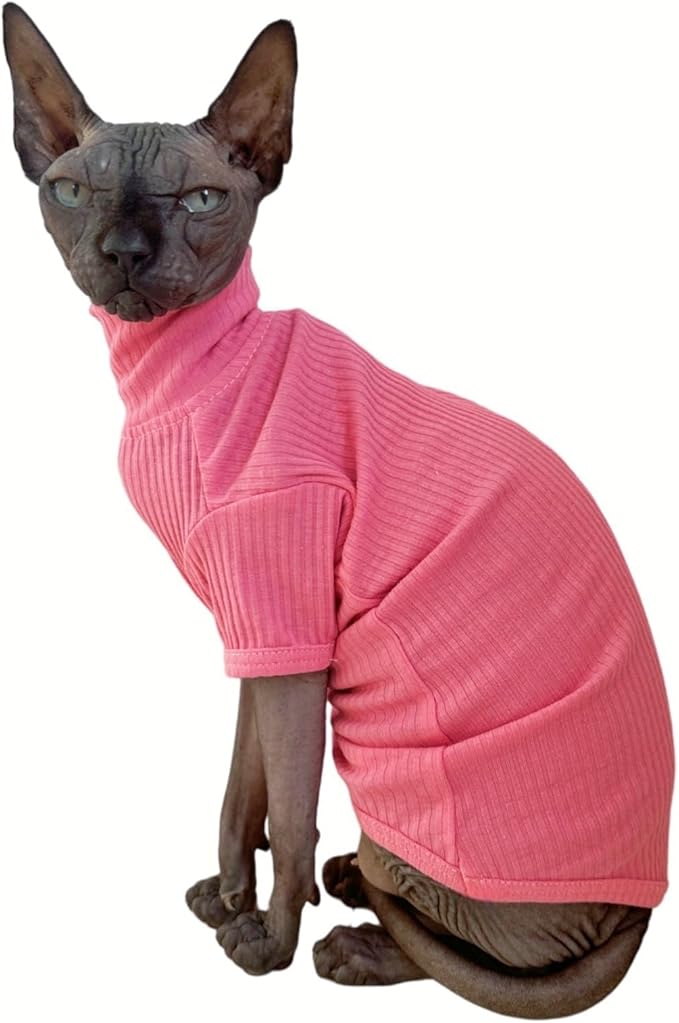 Sphynx Hairless Cats Shirt Cotton Cat Turtleneck Sweater Pullover Kitten T-Shirts with Sleeves Cat Pajamas Jumpsuit for Sphynx (Small (Pack of 1), Rosey Pink)