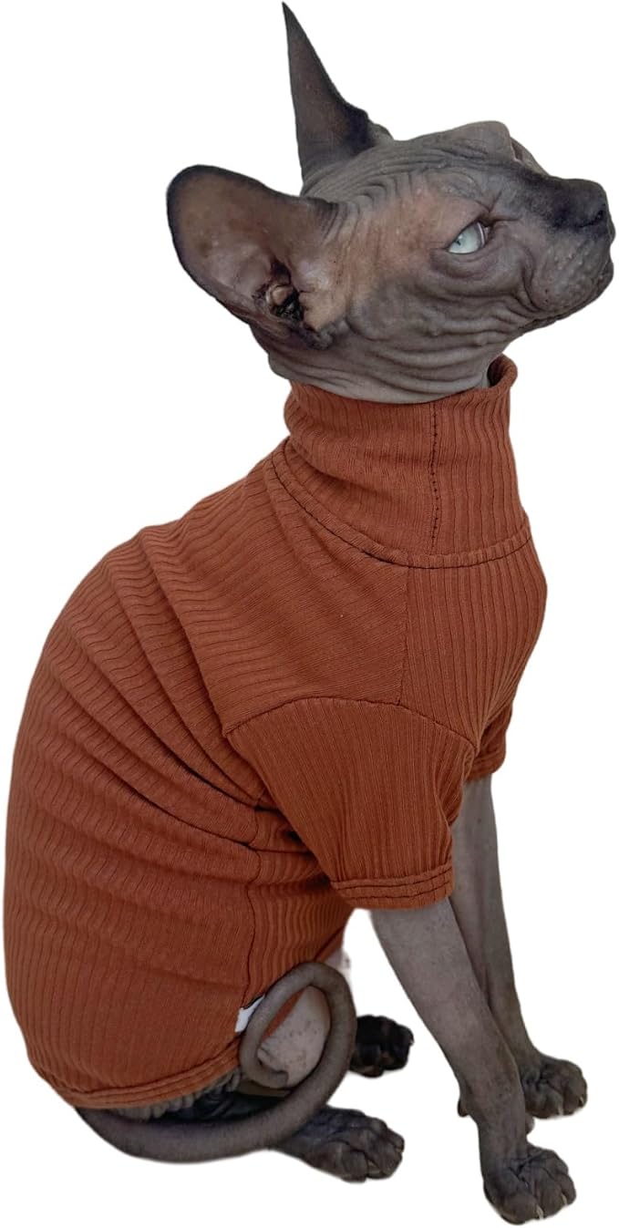 Sphynx Hairless Cats Shirt Cotton Cat Turtleneck Sweater Pullover Kitten T-Shirts with Sleeves Cat Pajamas Jumpsuit for Sphynx Cornish Rex, Devon Rex, Peterbald (Coffee, XX-Large (Pack of 1))