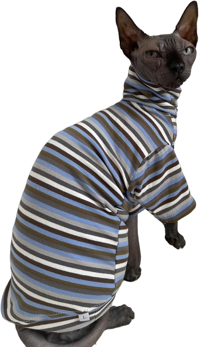 Vintage Stripes Sphynx Hairless Cats Shirt Cotton Cat Turtleneck Pet Clothes Kitten T-Shirts with Sleeves for Sphynx Cats (Storm, XX-Large)