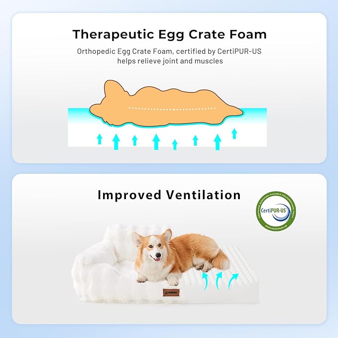 Orthopedic Cat Couch Bed for Indoor Cats, Cute Pet Sofa with Supportive Egg Foam, Fluffy Faux Fur Removable Washable Cover and Non-Slip Bottom, Ivory White