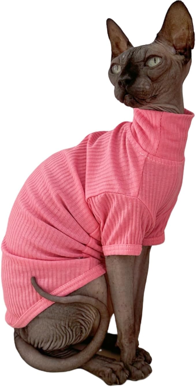 Sphynx Hairless Cats Shirt Cotton Cat Turtleneck Sweater Pullover Kitten T-Shirts with Sleeves Cat Pajamas Jumpsuit for Sphynx (Medium (Pack of 1), Rosey Pink)