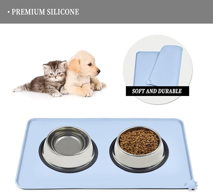 Waterproof Pet Feeding Mat with High Raised Edges, Heavier and Thicker Placemats for Cat Dog Water Bowl with BPA Free, Dogs Cats Food Mats for Messy Drinkers to Prevent Spill and Protect Floors