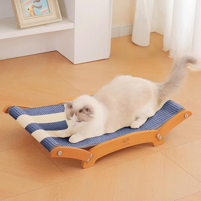Extra-Larger Sisal Cat Scratcher Bed, Durable Cat Scratching Post with Hammock for Indoor Cats Lounger & Sleep & Scratch, Natural Sisal Cats Scratch Pad, Sturdy Solid Wood Frame (BeigeBlue)