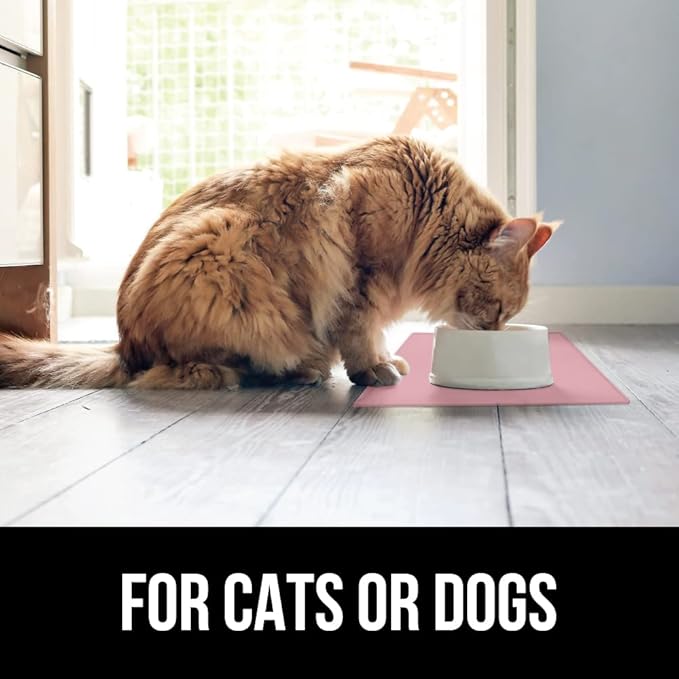 GORILLA GRIP 100% Waterproof Raised Edge BPA Free Silicone Pet Feeding Mat, Dog Cat Food Mats Contain Spills Protects Floors, Placemats for Cats and Dogs Water Bowl, Pets Accessories 16x10, Pink