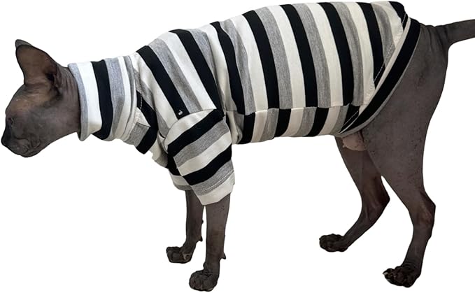 Vintage Stripes Sphynx Hairless Cats Shirt Cotton Cat Turtleneck Pet Clothes Kitten T-Shirts with Sleeves for Sphynx Cats (Black Grey White, Large)
