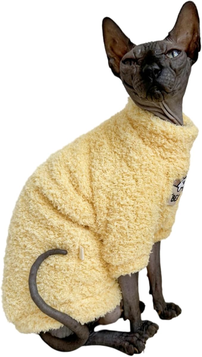 Sphynx Cat Clothes Hairless Cat Super Soft Warm Fleece T Shirt Elastic Winter Sweater Outfit, Pet Clothes for Sphynx Cat Coat for Cats and Small Dogs Apparel (Yellow, Small)