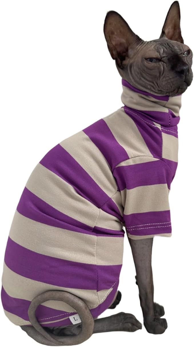 Vintage Stripes Sphynx Hairless Cats Shirt Cotton Cat Turtleneck Pet Clothes Kitten T-Shirts with Sleeves for Sphynx Cats (Wide Purple Grey Stripe, XX-Large)