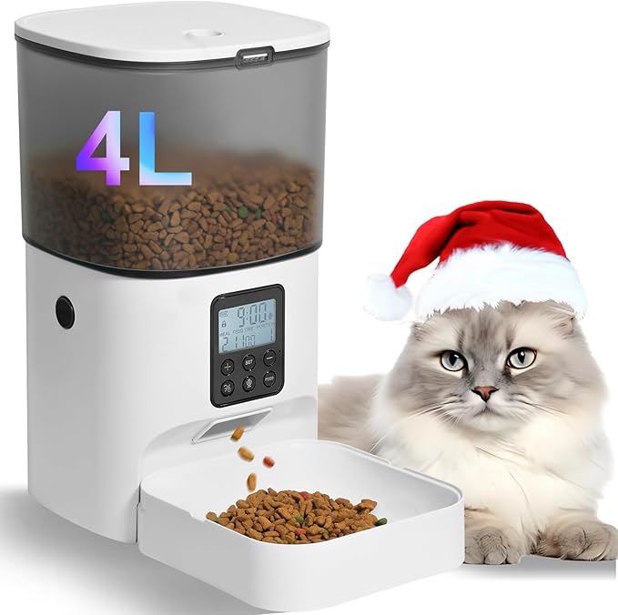 Automatic Cat Feeder, Cat Food Dispenser with 10s Voice Recorder, Pet Feeder up to 8 Meals per Day, Timed Feeder with Dry Food Sealed Ring (Jade White, 4L-Basic)