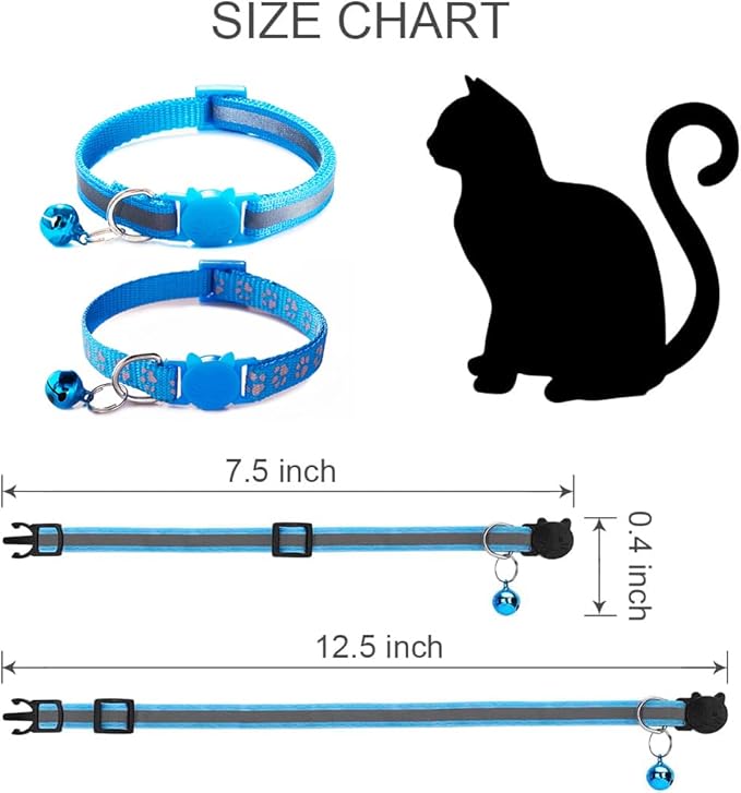 Blue Reflective Cat Collar with Bells, [2 Pack] Break Away Kitten Collar with Bells, Breakaway Cat Collar for Boy Cats Kitty