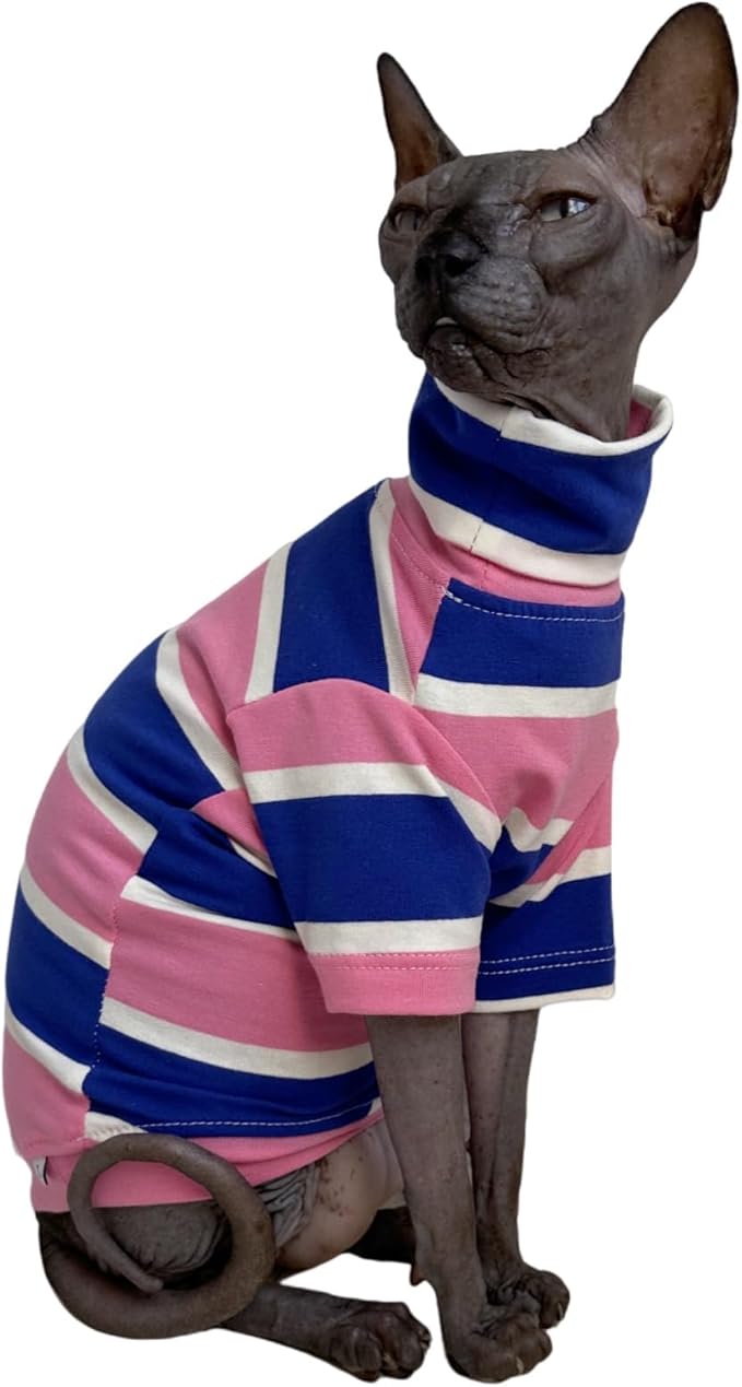 Vintage Stripes Sphynx Hairless Cats Shirt Cotton Cat Turtleneck Pet Clothes Kitten T-Shirts with Sleeves for Sphynx Cats (Wide Pink Blue Stripe, Large)