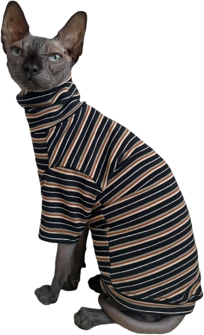Vintage Stripes Sphynx Hairless Cats Shirt Cotton Cat Turtleneck Pet Clothes Kitten T-Shirts with Sleeves for Sphynx Cats (Vintage Black, Medium)