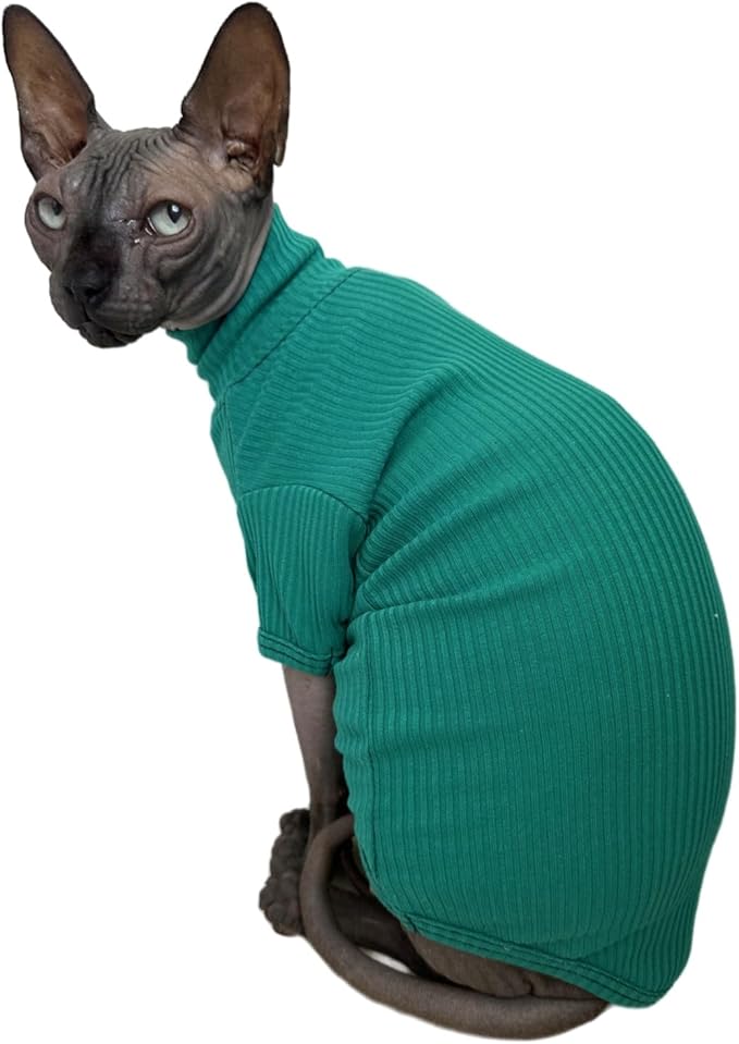 Sphynx Hairless Cats Shirt Cotton Cat Turtleneck Sweater Pullover Kitten T-Shirts with Sleeves Cat Pajamas Jumpsuit for Sphynx (Medium (Pack of 1), Peacock Green)