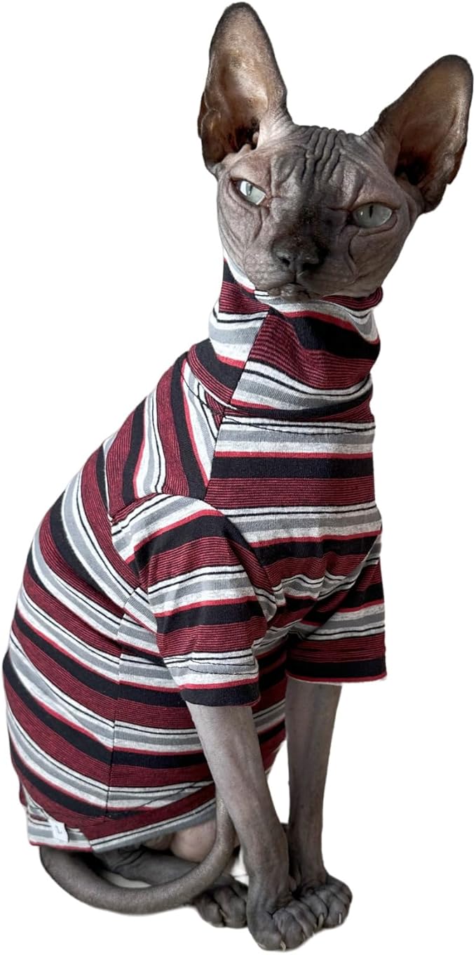 Vintage Stripes Sphynx Hairless Cats Shirt Cotton Cat Turtleneck Pet Clothes Kitten T-Shirts with Sleeves for Sphynx Cats (Old School, X-Large)