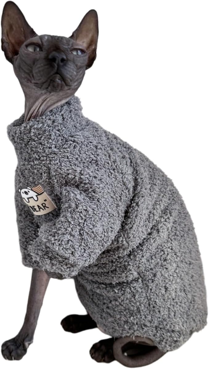 Sphynx Cat Clothes Hairless Cat Super Soft Warm Fleece T Shirt Elastic Winter Sweater Outfit, Pet Clothes for Sphynx Cat Coat for Cats and Small Dogs Apparel (Grey, Medium)