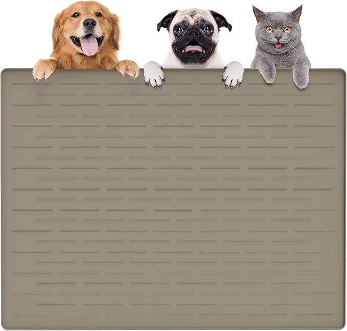 Largest Dog Food Mat, 39.5"x29.5" Silicone Dog and Cat Mat for Food and Water Bowls, Thinken Waterproof Non-Slip XXXL Pet Feeding Mat for Floors (Brown)