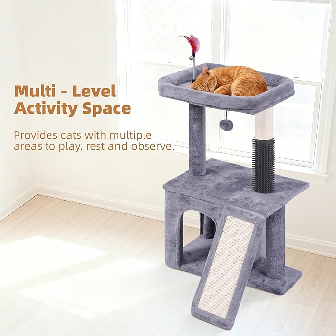 Cat Tree with Self-Grooming Brush and Interactive Toys, Cat Tree Tower for Indoor Cats, Cat Tower with Sisal Scratching Post and Scratching Pads, Cat Condo with Padded Perch, Grey