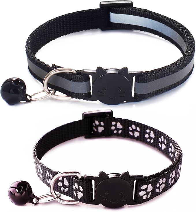 Black Reflective Cat Collar with Bells, [2 Pack] Break Away Kitten Collar with Bells, Breakaway Cat Collar for Boy Cats Kitty