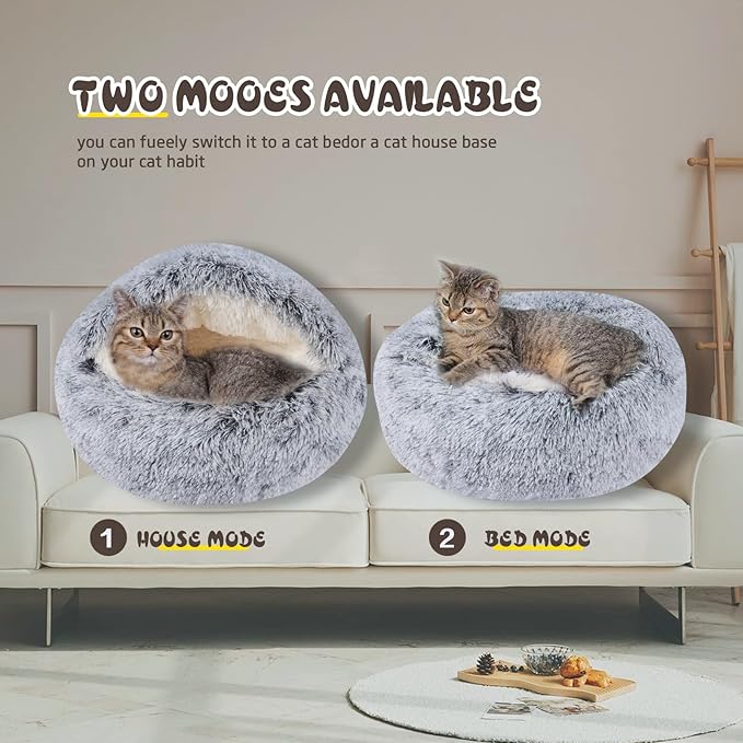 Cat Bed for Indoor Cats, Calming Cozy Cave with Self-Warming Plush, Entire Bed Machine Washable & Anti-Slip Base, Breathable Pet Bed for Small Cats&Dogs All Seasons (Grey, 24 * 24inch)