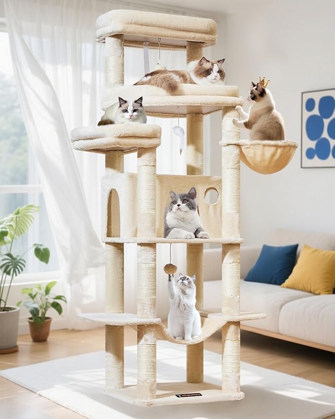 Taoqimiao 71 Inches Cat Tree for Large Cats 20lbs+, 3 Giant Perches, Multi-Level Cat Tree Tower, Widened Cat Condo with 9 Scratching Posts, Luxurious Hammcock & Basket, Beige, MS034M