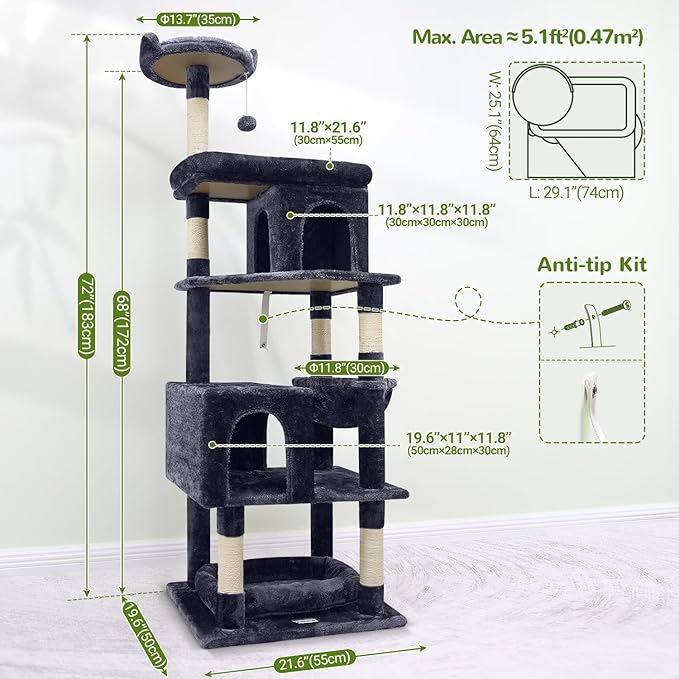 Globlazer Heavy Duty Cat Trees for Large Cats, Sturdy 72in Maine Coon Cat Tree for Large Cats 20 lbs+ Heavy Duty Cat Tower for Adult Biggest Cat with 6 Scratching Posts, Hammock, S72, Dark Gray