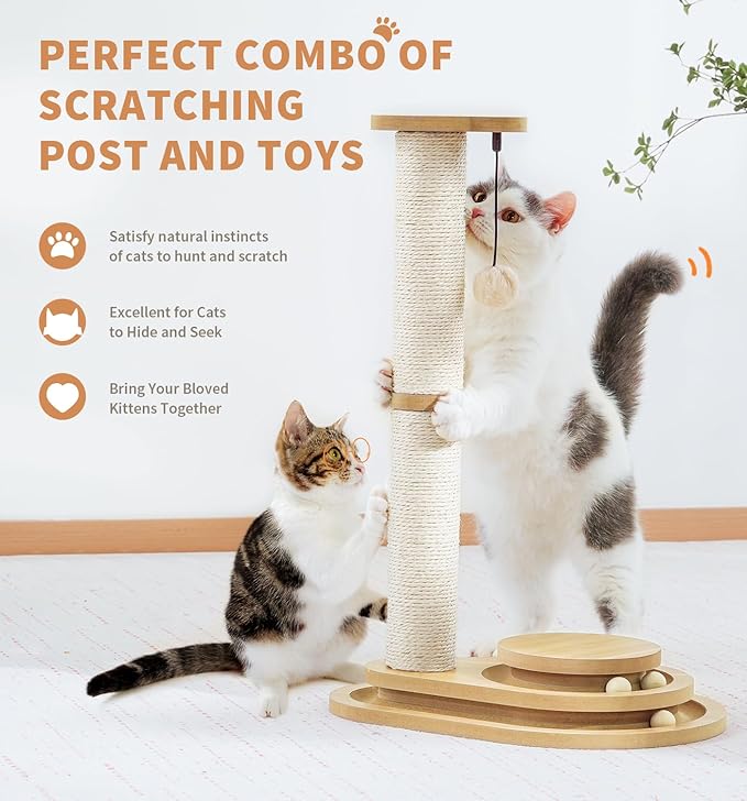 Made4Pets Cat Scratching Post Cat Scratcher Kitten Toys for Indoor Cats Wooden Ball Track Two-Layer Modern Sisal 23.4" Tall Scratch Post Interactive Toy with Dangling Ball Middle Size