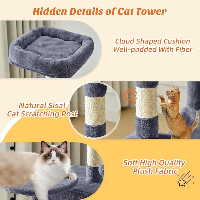 Sweetcrispy 44 inch Cat Tree Tower, Small Cat Climbing Tower with Condo, Natural Sisal Scratching Posts, Extended Platform, Hammock, Pet House for Indoor Cats and Kittens Play, Dark Grey