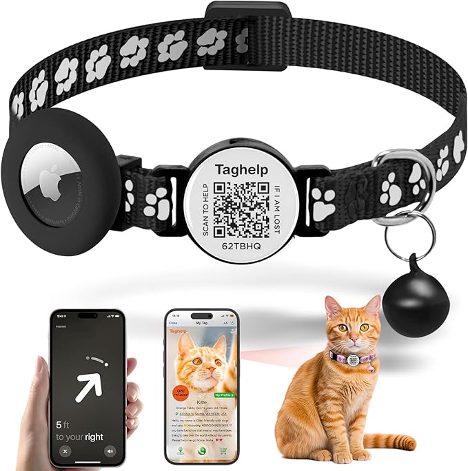 QR Code AirTag Cat Collar Breakaway Reflective with Bell - Digital Pet ID Tag for Lost Cat Recovery, Black Paw Print Design
