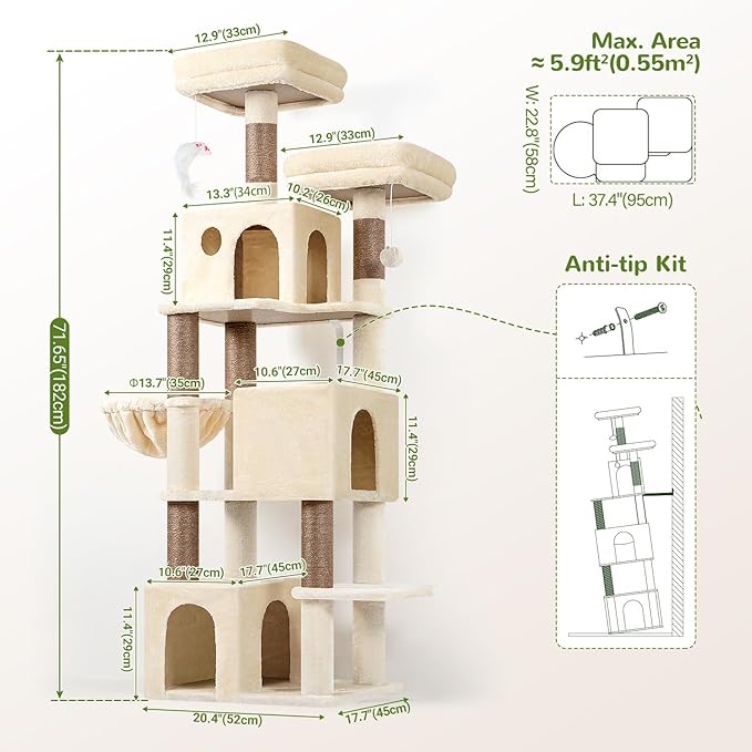 Globlazer Cat Tree Tall, 71 inches Cat Tower for Indoor Adult Cats Multi-Level 3 Condos for Indoor Cats XL Cat Tree Tower with Scratching Posts, Soft Extra Large Hanging Basket, F71, Beige