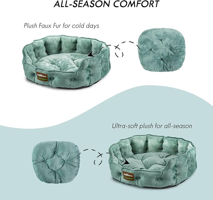 ClevaHome Upgrade Plush Faux Fur Cat Bed - Washable Round Cat Beds for Indoor Cats, Small Dog Bed for Pets up to 15lbs, Reversible Cushion, Non-Slip Bottom (Washed Green)