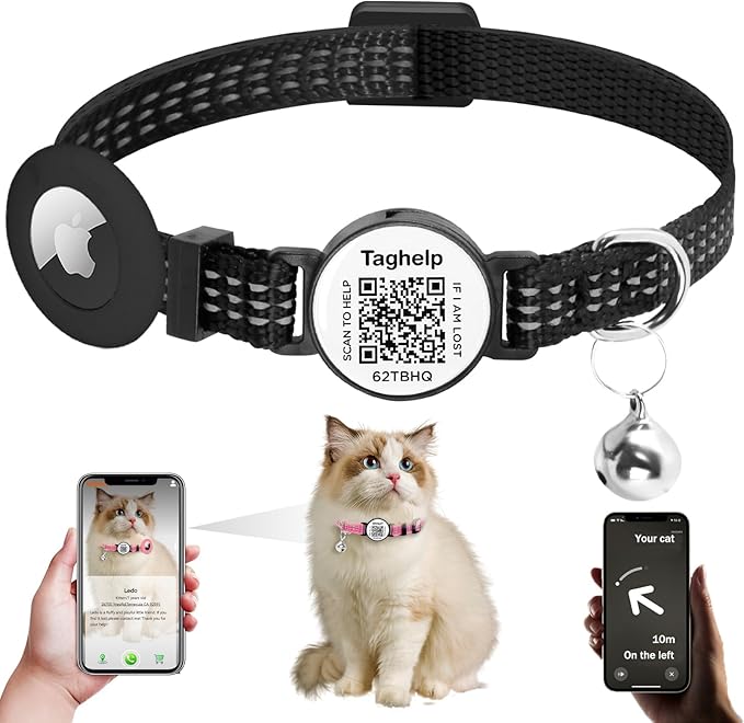 Airtag Cat Collar with Bell and Safety Buckle in 3/8" Width, Reflective Collar with Waterproof Airtag Holder Compatible with Apple Airtag for Cat Dog Kitten Puppy (Black)