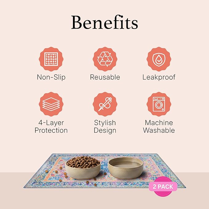 LOVEWAG Waterproof 2-Pack Pet Feeding Mats - 16" x 24" Premium Cat & Dog Food Mat - Non-Slip, Machine Washable Food Mat Protects Floors & Contains Water Bowl Spills - Pet Place Mats (Peacock Garden)