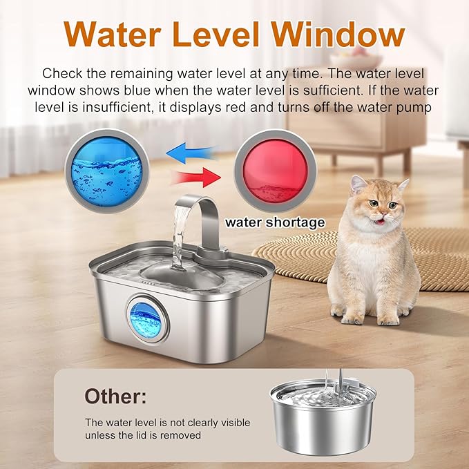 Bobo&Dragon Stainless Steel Cat Water Fountain 124oz/3.5L, Ultra Quiet Automatic Pet Water Dispenser for Multiple Cats & Dogs, 6-Layer Filtration, Smart Window, Built-in 8+8 Replacement Filters